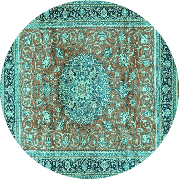 Ahgly Company Machine Washable Indoor Round Medallion Turquoise Blue Traditional Area Rugs, 3' Round