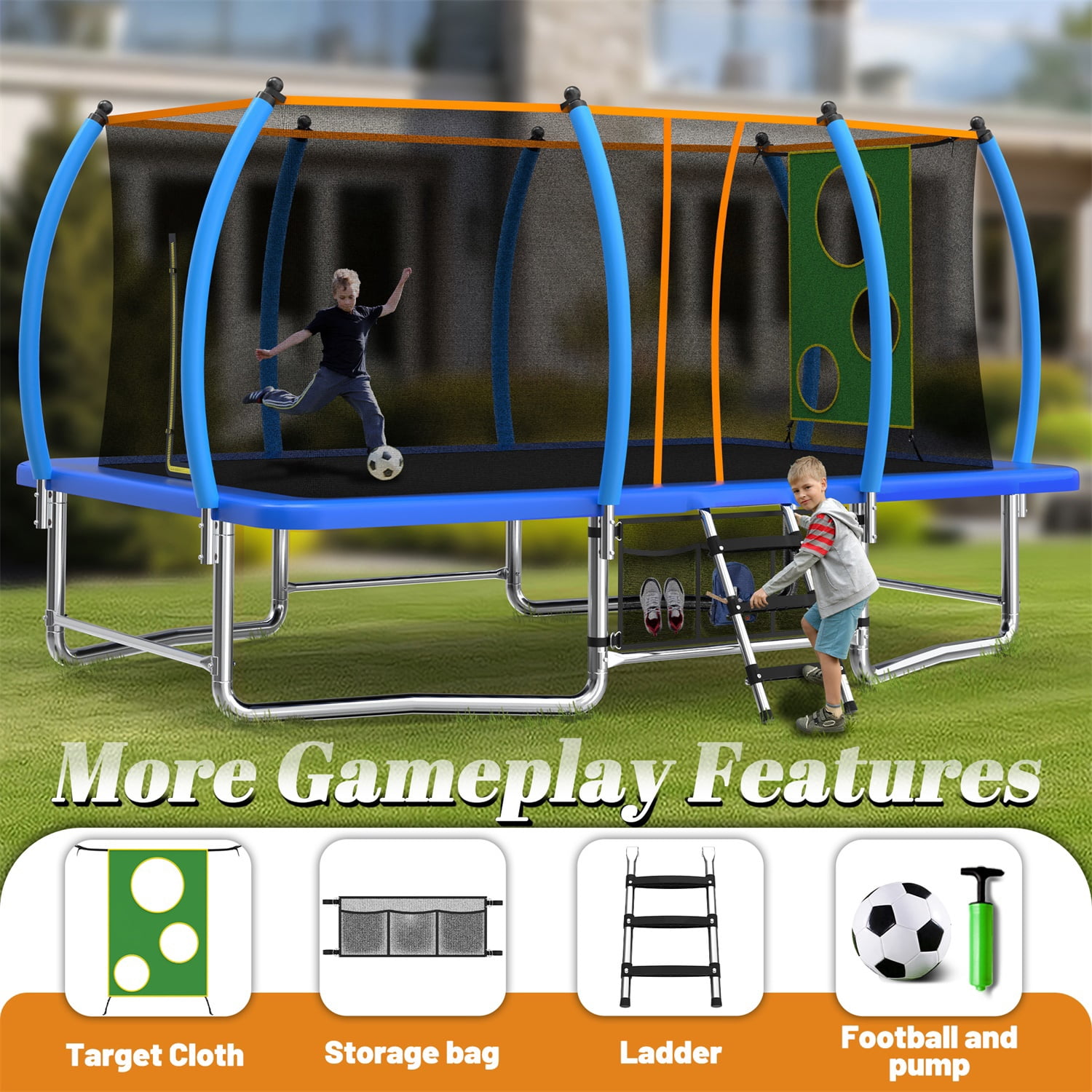 Hommoo 8x14FT Outdoor Square Trampolines with Basketball Hoop and Ladder, Long Rectangular Tumbling Trampoline, Blue