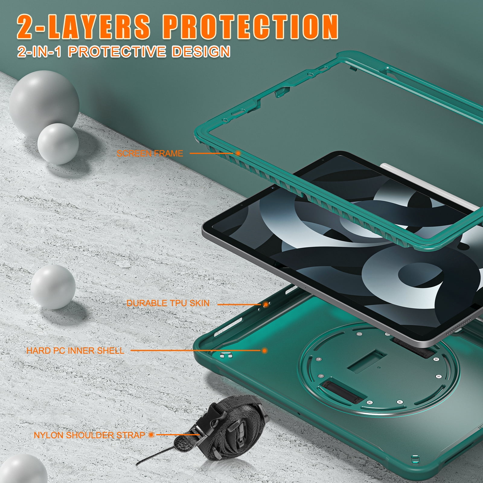 Allytech Rugged Case for Apple iPad Pro 11 2022/2021/2020/2018, iPad Air 4 5 Case, iPad Air 11" Case 2024, 360 Rotating Stand Clear Back Cover Shockproof Shoulder Strap with Pencil Holder, Darkgreen