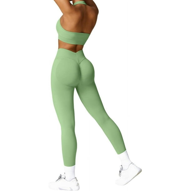 Yknktstc Conjunto de entrenamiento sin costuras de 2 piezas para mujer, sin espalda, sujetador deportivo con espalda en V, cintura cruzada, leggings de yoga, traje de gimnasio