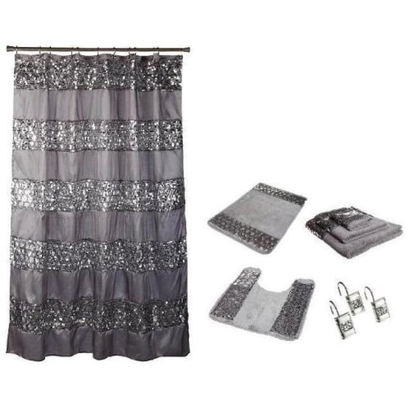 Popular Bath 7 Piece Sinatra Silver Shower Curtain, Resin Hooks, Towels and Rugs Set