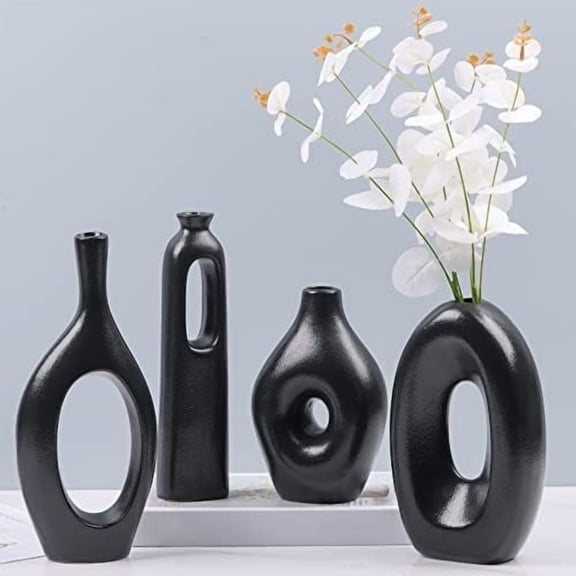 Black Ceramic Vase for Home Decor Set of 4 - Oval Hollow Vase Nordic Black Round Vase for Pampas Grass, Modern Decorative Flowers Vase for Living Room, Office, Mantel, Entryway, Table Centerpieces