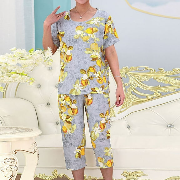 Nrmvnmi 2 Pcs Silk Pajamas for Women 2024 Fashion Pajama Short Floral Tunic Top Sleepwear Soft Pj Capris Lounge Sets Pjs Shorts Set
