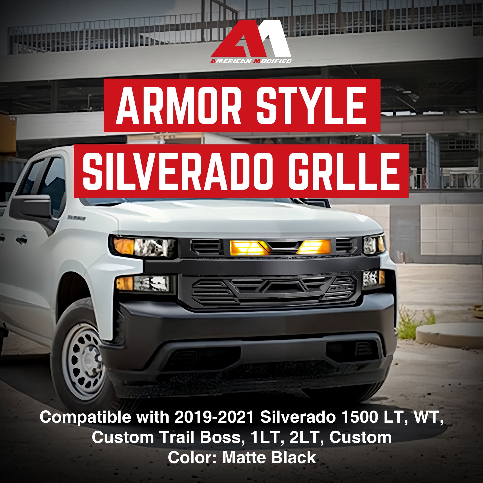 AMERICAN MODIFIED Grille w/LEDs for 19-21 Chevy Silverado 1500, Matte Black