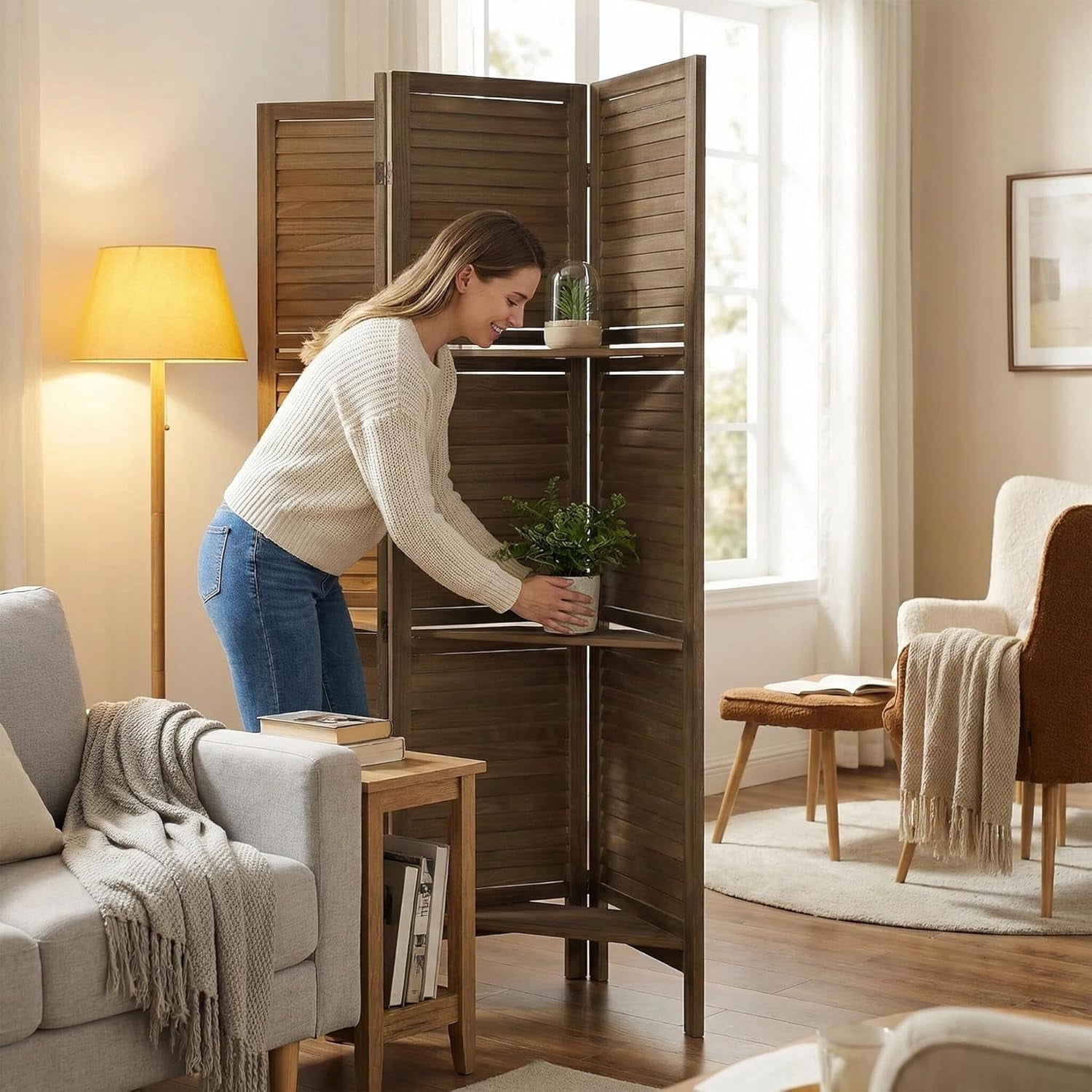4 Panel Bamboo Room Divider with Shelves, Lightweight Privacy Screen for Bedroom Home Office, No Assembly Required
