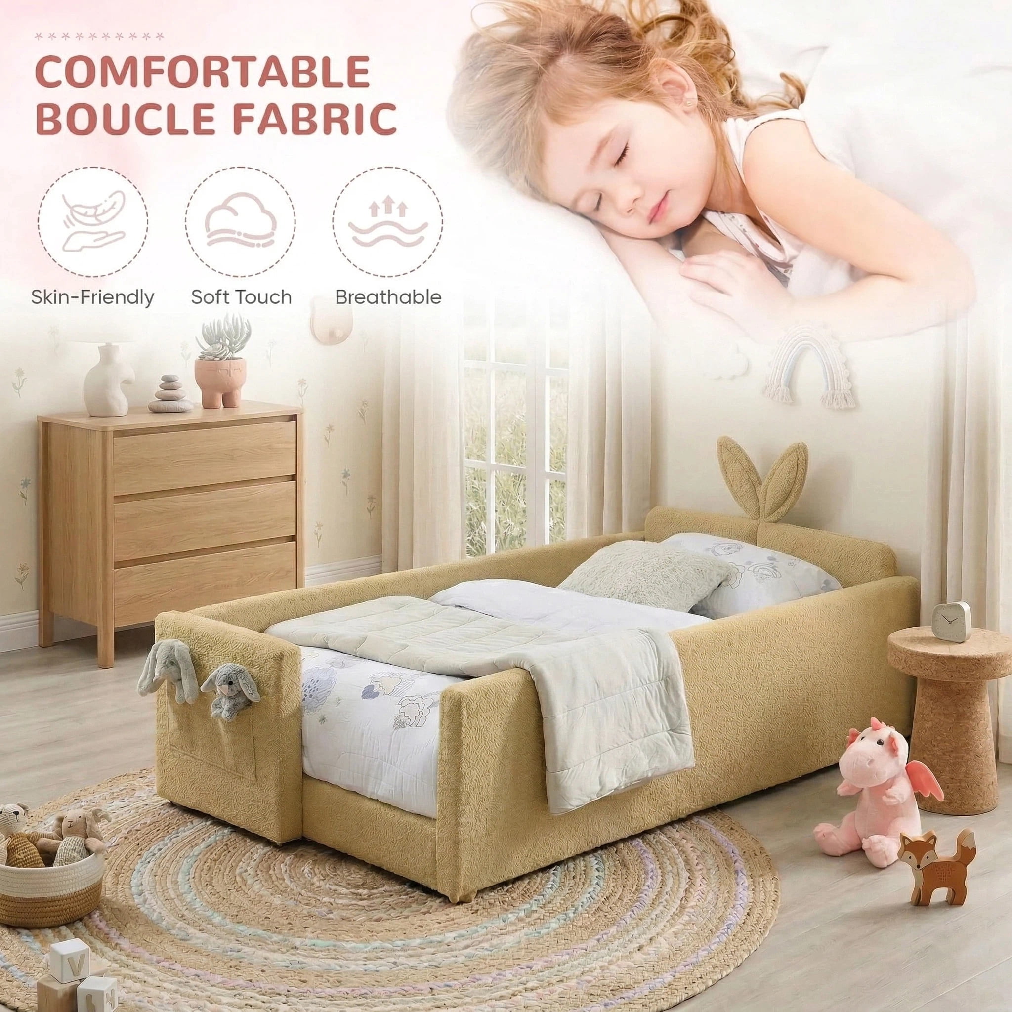 Aisword Twin Size Kids Bed with Rabbit Ear Headboard, Upholstered Daybed with Slat Support & Side Pockets, Yellow