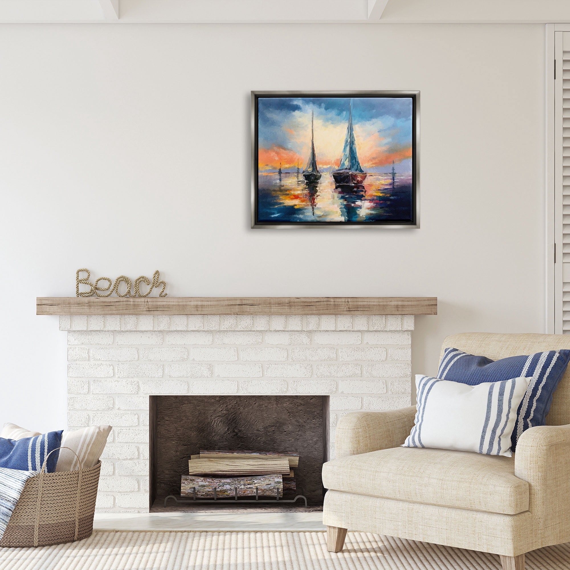 Stupell Industries Sailboats and Ocean Sunset Transportation Painting Gray Floater Framed Art Print Wall Art, 31 x 25