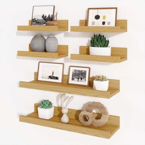 Picture Ledge Shelf, Floating Shelves for Decor Storage Set of 6, 16 inch Floating Wall Mounted Shelves, Wall Shelves with Lip for Living Room, Bedroom, Nursery, Bathroom, Kitchen, Oak