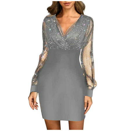 Women's Mesh V-neck Sequined Dress Slim-Fit Sexy Dress - Walmart.ca