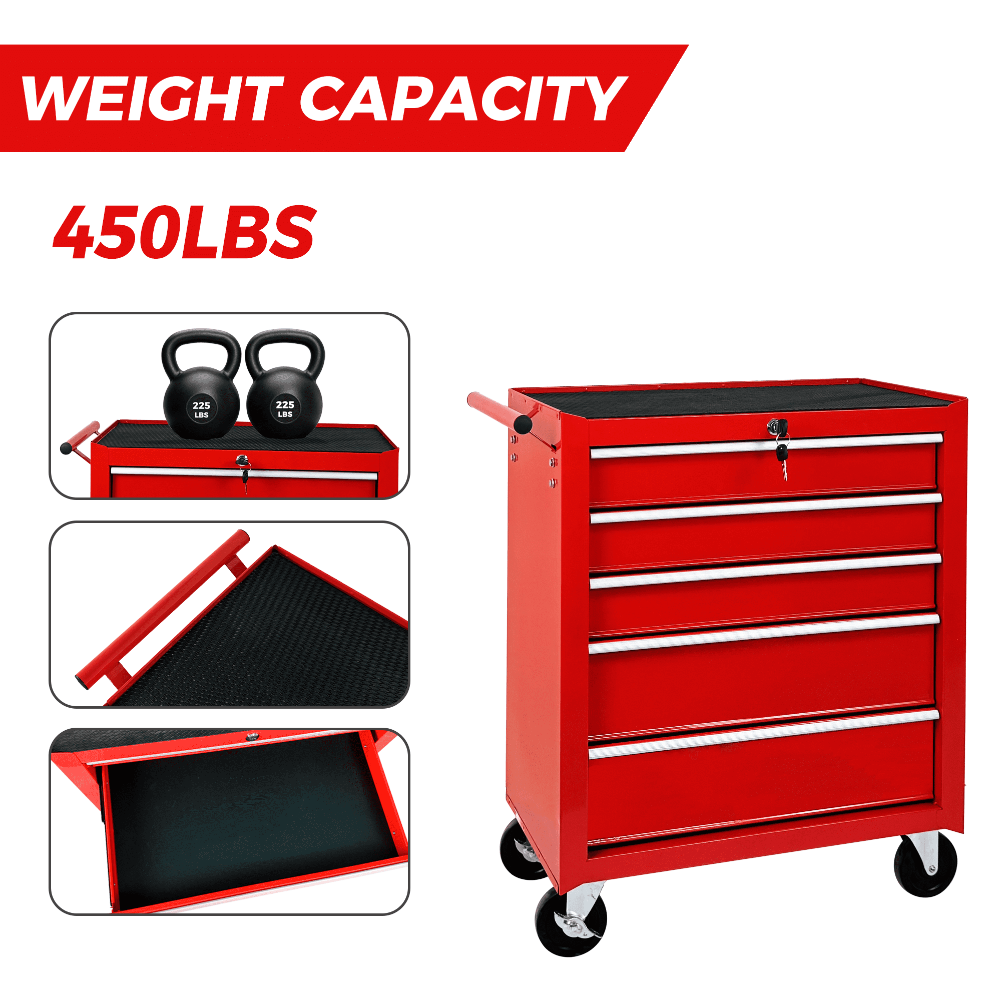 5-Drawer Rolling Tool Chest w/Lock & Key, Tool Storage Cabinet with Wheels, Top Cushion & Drawer Liners, Tool Organizer Box for Garage, Warehouse,RED