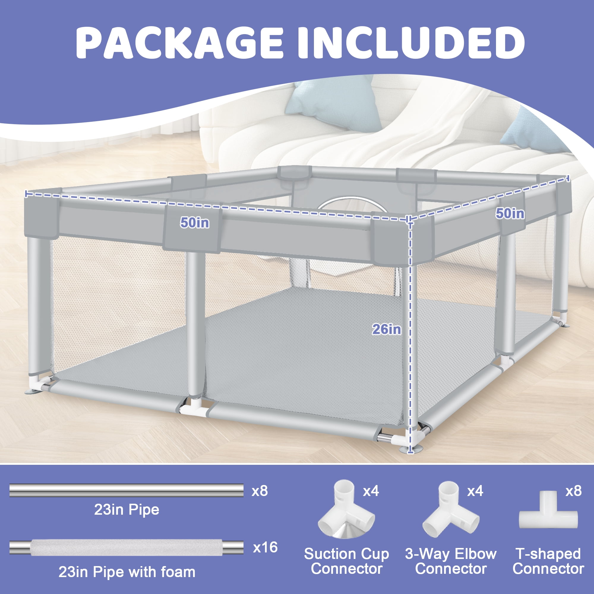 Baby Playpen, HDJ 50*50 inch Baby Play Yard with Soft Breathable Mesh and Anti-Slip Base, Baby Fence Infant Playard for Boy and Girls, Gray