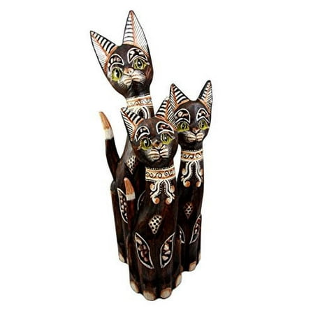 Balikraft Hand Made Wood Artisans "Kucing Hijau" Large Green Eyed Feline Cats Family Set of 3 Decorative Figurines 20"H