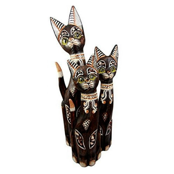 Balikraft Hand Made Wood Artisans "Kucing Hijau" Large Green Eyed Feline Cats Family Set of 3 Decorative Figurines 20"H