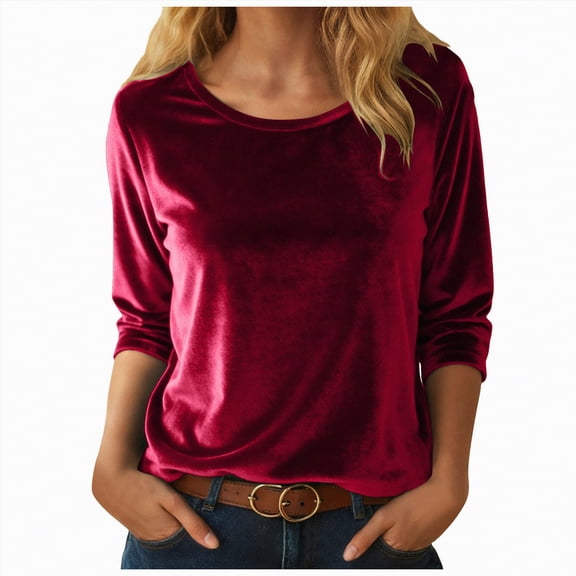 Yindaity Long Sleeve Velvet Tops for Women, Frill Mock Neck Casual Loose Fit Fall Winter Velour Blouses(Wine,S)
