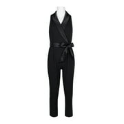 Adrianna Papell Lapel Collar Tie Front Zipper Back Solid Crepe Jumpsuit-BLACK
