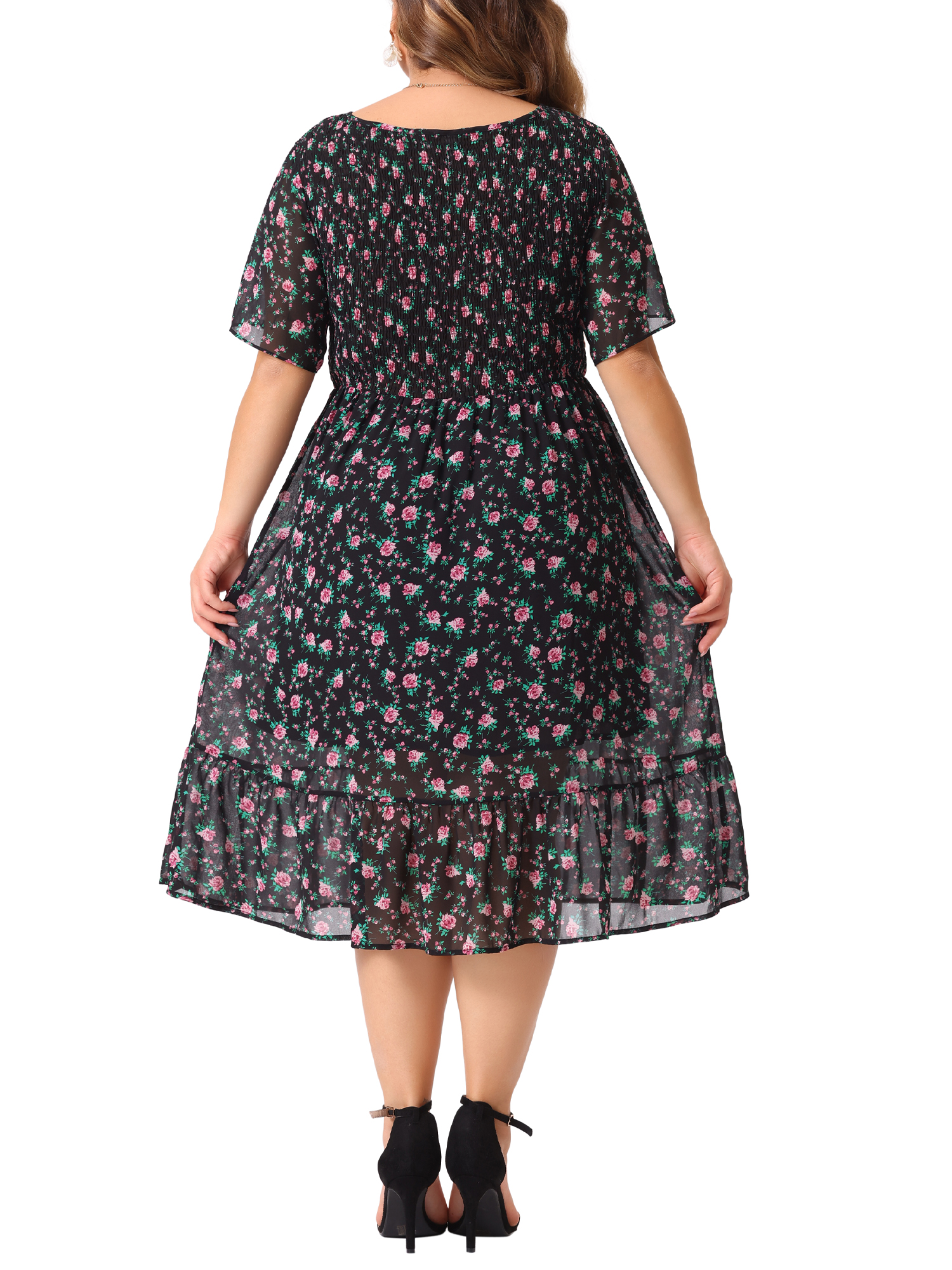 DARING DIVA Plus Size Elegant Floral Outfits Flare Midi Dress 1X Black Pink