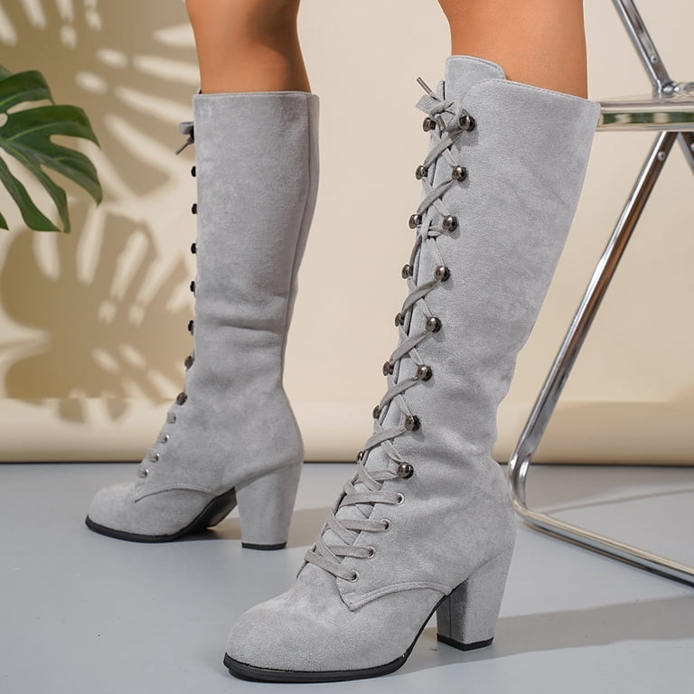 Vintage Knee High Combat Boots for Women Cocktail Party Suede Pointed Toe  Block High Heel Strappy Long Tall Dress Boots Grey Size 8.5 - Walmart.com