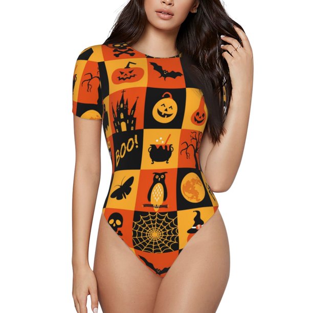 Fotbe Halloween Banner Symbols Body de Mujer con Cuello Redondo y Mangas Cortas, Sin Mangas Ajustado, Suave, Cómodo y Básico-Small