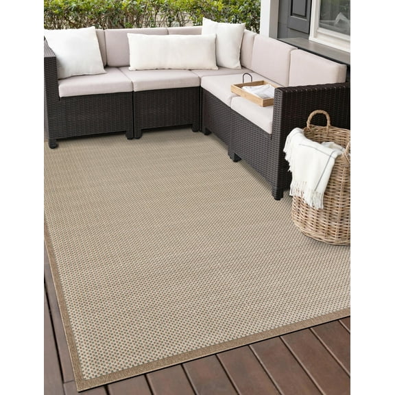 Unique Loom Outdoor Border Collection Area Rug - Outline (10' x 14' 1" Rectangle Beige/Ivory)