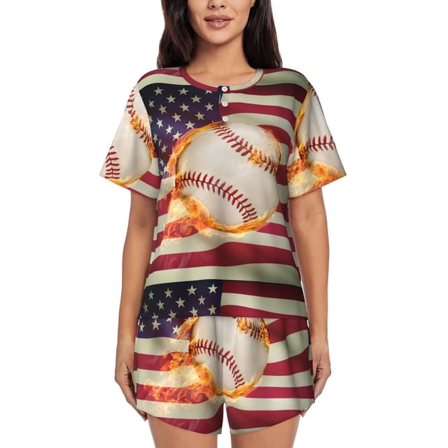 Balery Baseball Ball With Flag Conjunto de Pijama para Mujer con Estampado, Dos Piezas de Manga Corta y Shorts, Ropa de Dormir Suave con Cuello Redondo y Bolsillos-X-Large