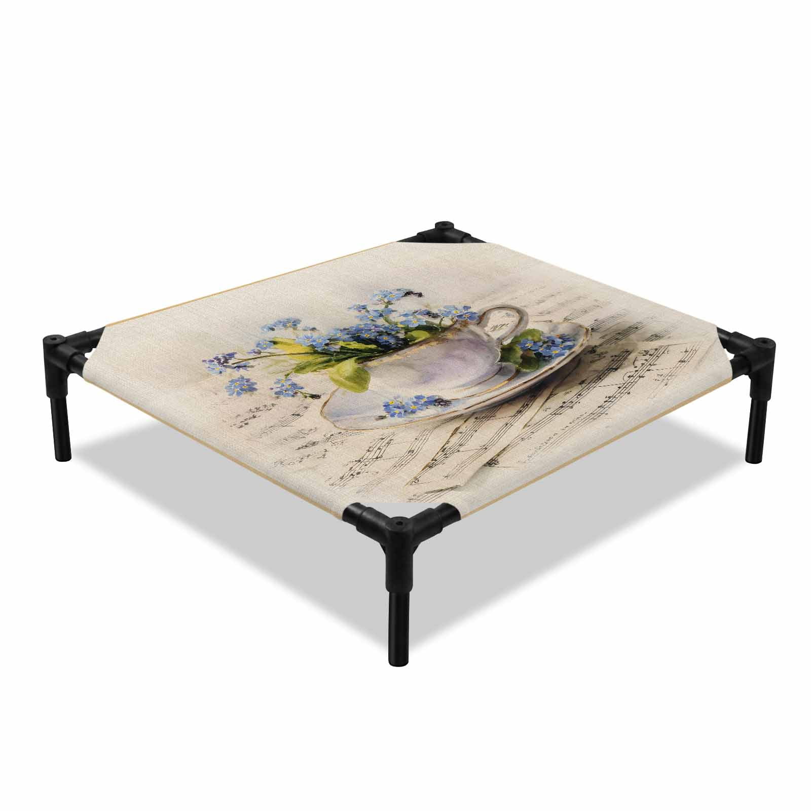 Blue Flowers Elevated Dog Bed Vintage Tea Cups Spring Plant Phrases Cooling Breathable Outdoor Raised Dog Cot Bed with Metal Frame Non-Slip Feet for Small Dog 20x20in