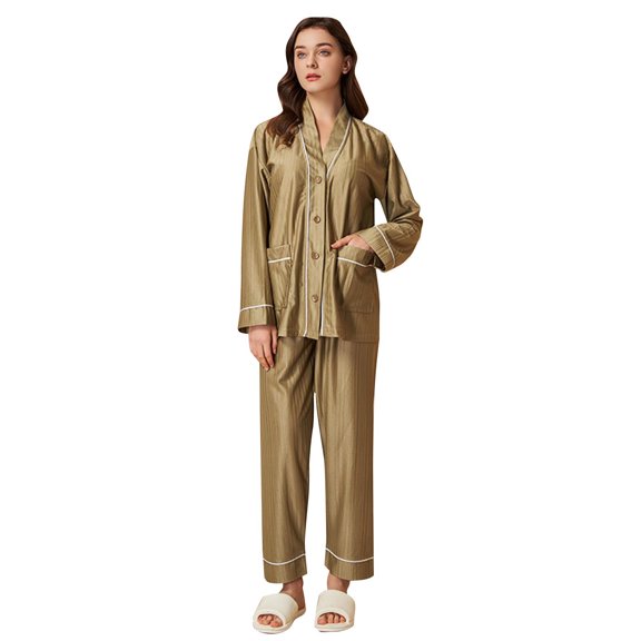 Sngxgn Pajamas Set for Women Soft Comfy Button up Sleepwear Plus Size Pj Lounge Sets Loungewear(Khaki,XXXL)
