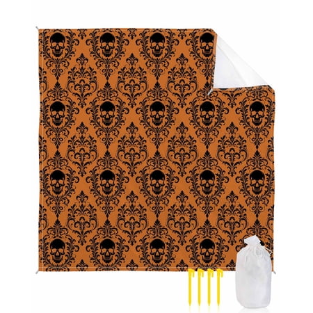 Beach Blanket Waterproof Sandproof Orange Damask Skull Beach Blankets with Stakes Quick Dry Sand Free Outdoor Picnic Mats Luxury Floral Skeleton Large Beach Mat for Sand Camping Hiking 118"x108"