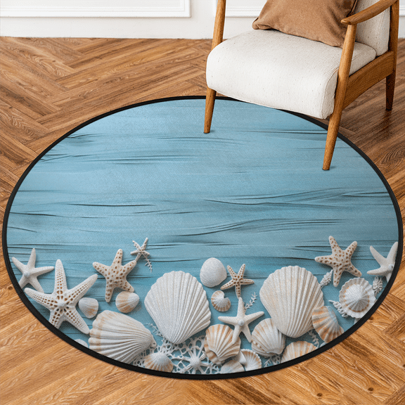 CURLYOOT Round Rug 3ft Beachy Seashell Area Rug, Washable Circle Mat Non Slip Floor Carpet Mat, Vintage Soft Indoor Rugs for Entryway Living Room Dining Room Bedroom