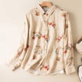 thumbnail image 2 of gbyLJF Women 3/4 Sleeve Shirts Fashion Floral Print Blouse Tops Traditional Mandarin Collar Ethnic Linen Shirts A03_Khaki M, 2 of 7