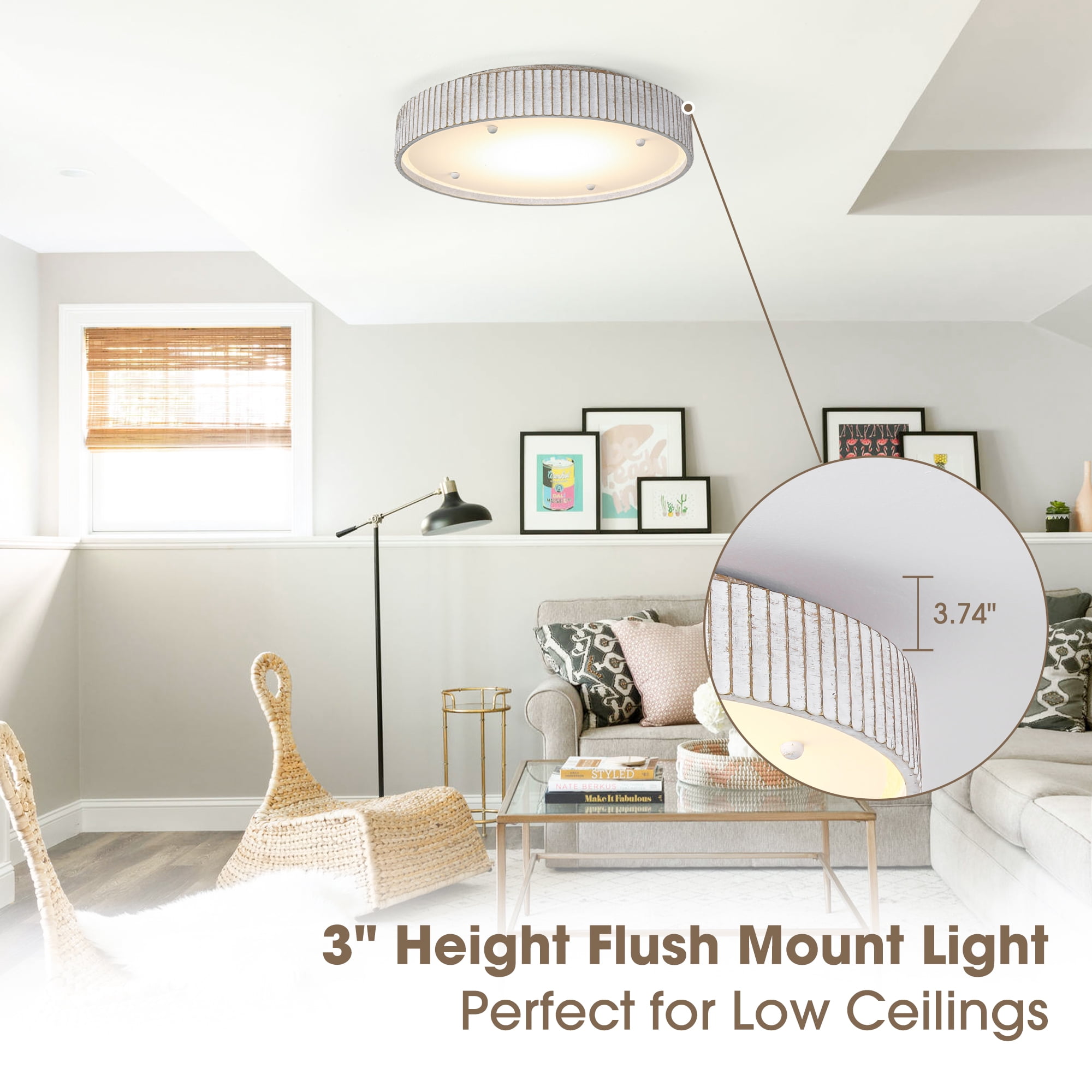 18" Dstressed White Drum Flush Mount LED Ceiling Light, 3CCT for Hallway Bathroom Kitchen or Stairwell