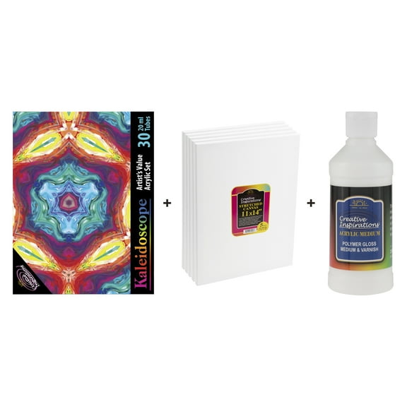 Creative Inspirations Acrylic Pouring Paint Set - Beginner Kit with 5 Pack 11x14 Canvas, 30 Assorted Colors 20ml Tubes, Thinning Medium and Gloss Varnish