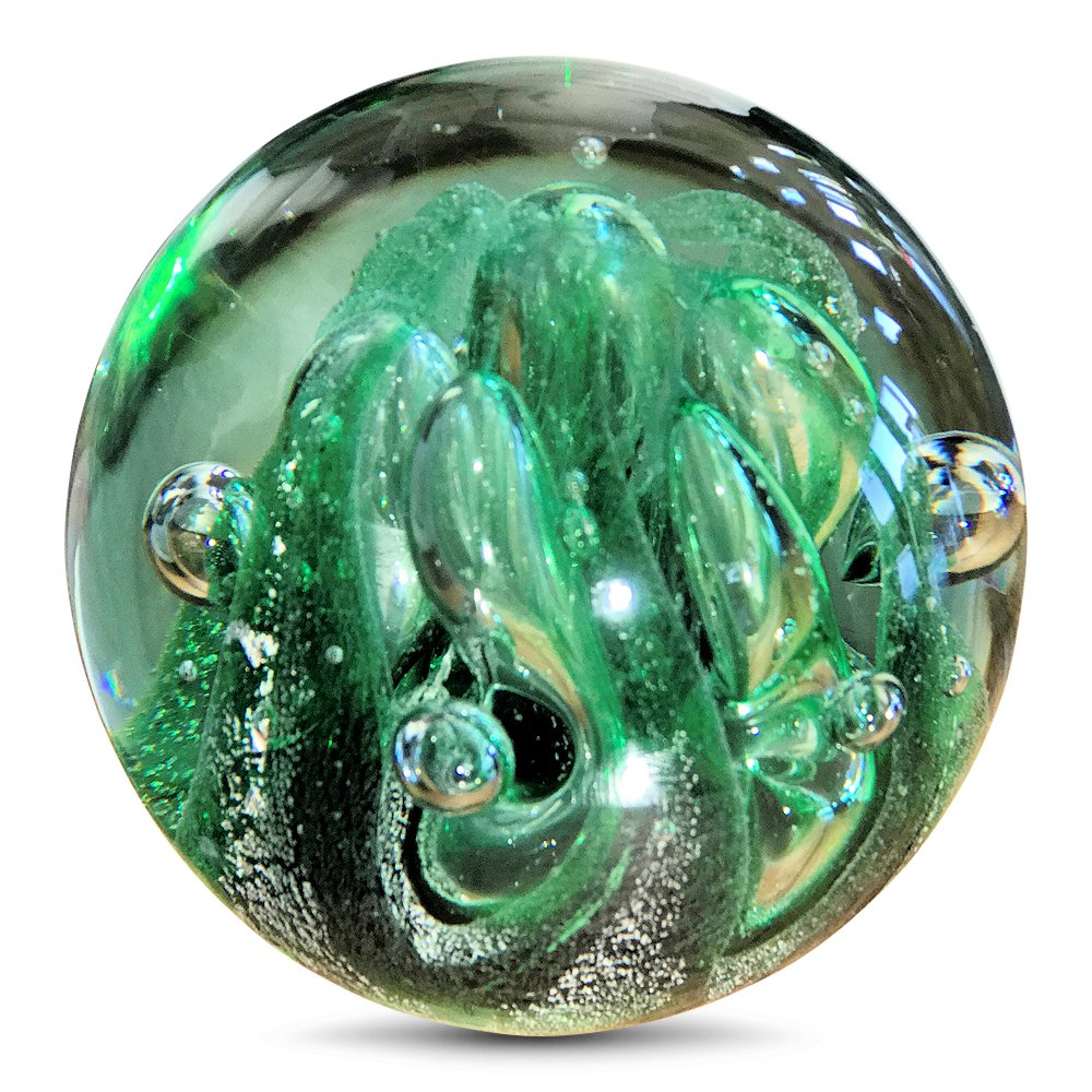 Emerald Green Tendril Bubbles, Paperweight, Handcrafted Art Glass, 3 1/
