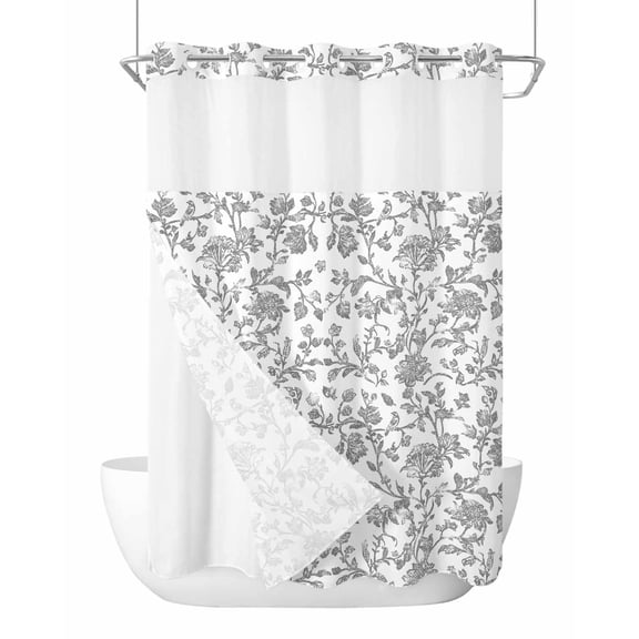 No Hook Shower Curtain with Snap-in Liner, Grey Flower Waterproof Fabric Bathroom Curtains, Vintage Farmhouse Boho Leaf Spring Plant Bath Curtains & Mesh Top Window Stand Up Stall 72"x84" Long