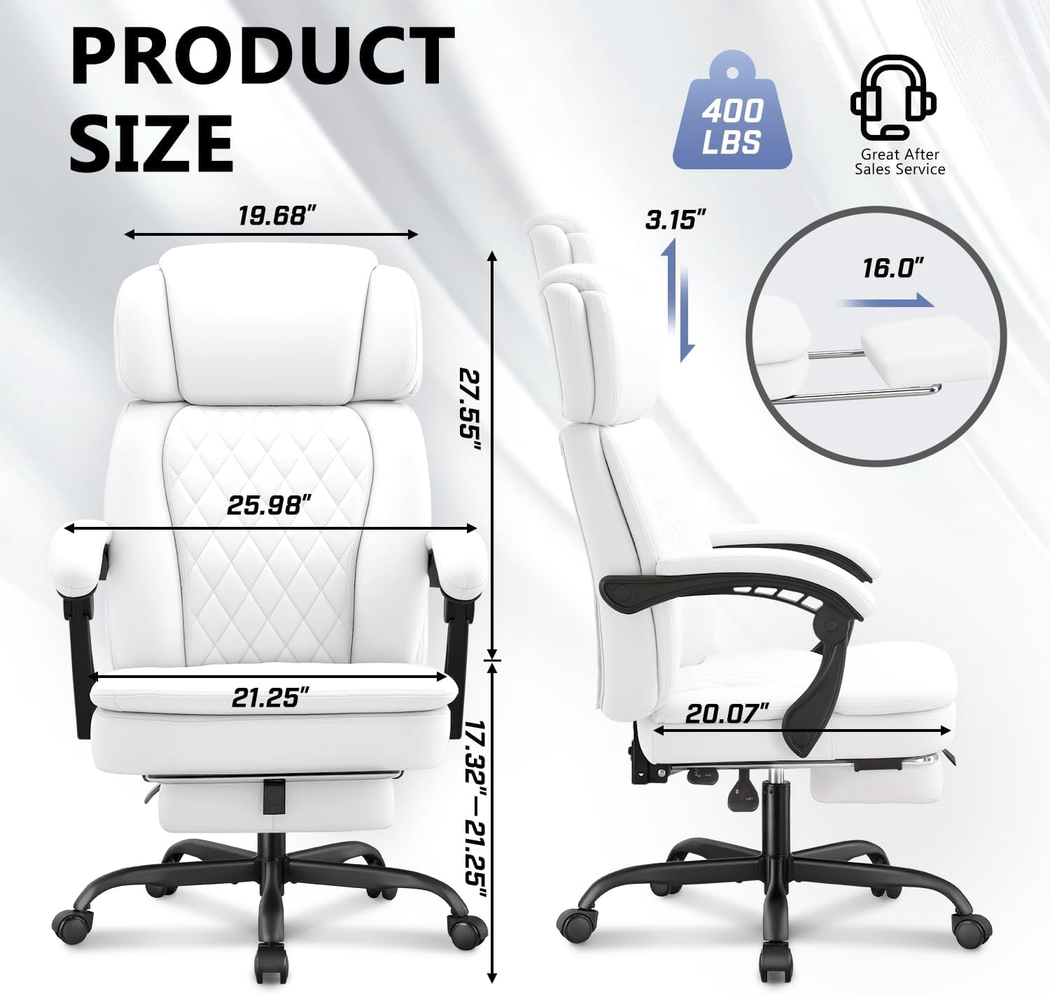Big and Tall Office Chair 400lbs Capacity, Ergonomic Executive Chair with Linkage Armrests, Adjustable Headrest, Retractable Footrest & Lumbar Support, High Back PU Leather Desk Chair,White