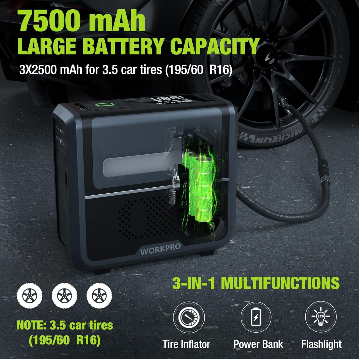 Open Box WORKPRO Portable Tire Inflator 7.2V/12V Small/Mid/Large Air Compressor