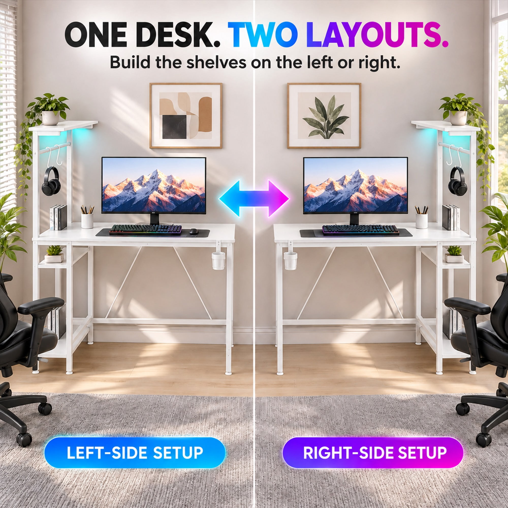 CloudRest Pro 44 Inch Gaming Desk with RGB LED Lights, Reversible Computer Desk with 4-Tier Storage Shelves, Cup Holder and Headphone Hook, White