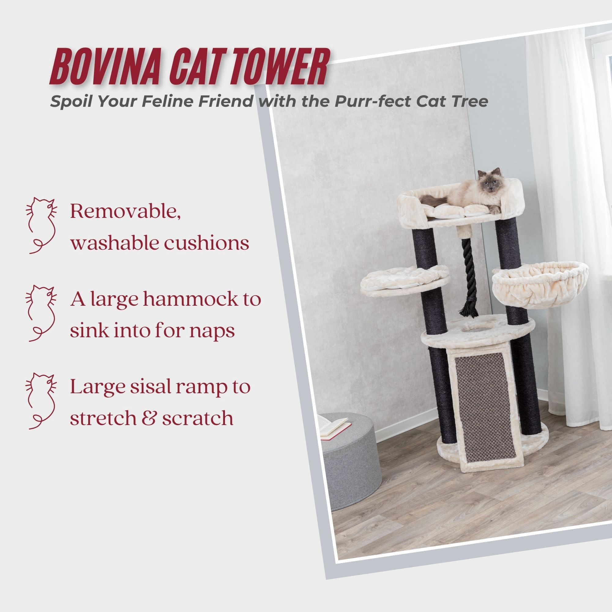 TRIXIE Bovina Plush & Sisal 3-Level 55.5" Cat Tree, Scratching Posts & Hammock, Black