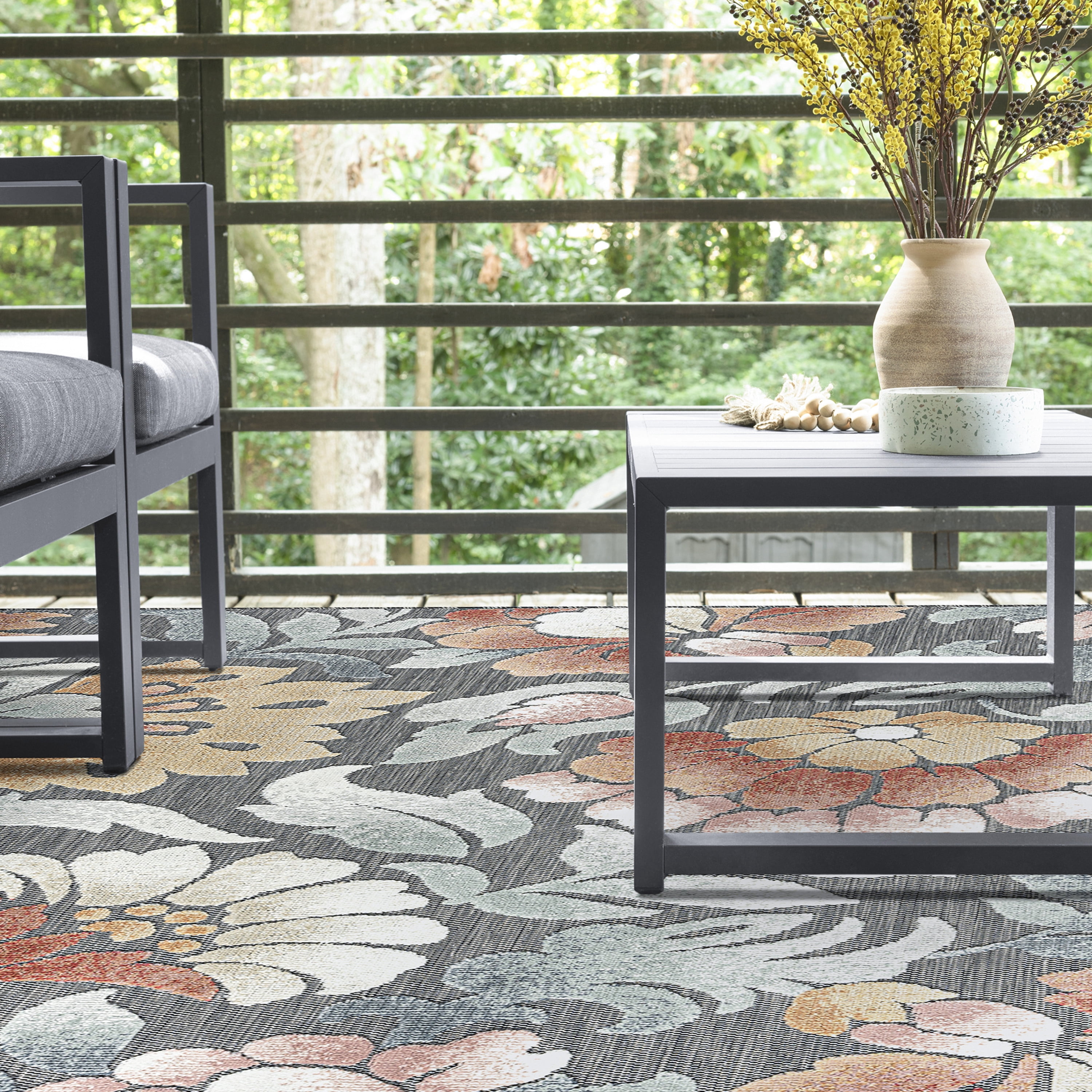 2x3 Water Resistant, Small Indoor Outdoor Rugs for Patios, Front Door Entry, Entryway, Deck, Porch, Balcony | Outside Area Rug for Patio | Black, Floral | Size: 1'11'' x 3'