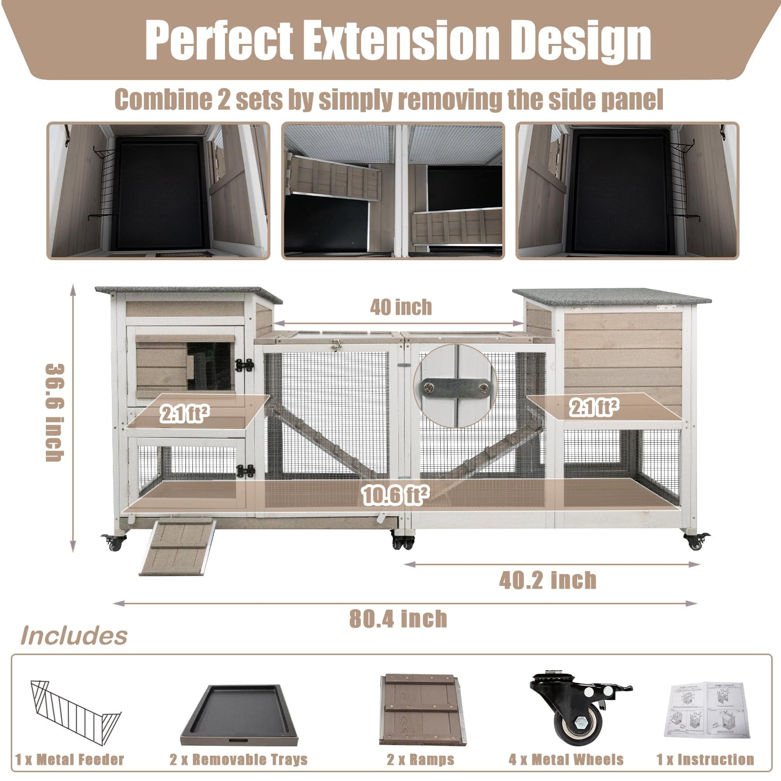 Rabbit Hutch Indoor Outdoor 40 Inch Large 2 Story Wooden Bunny Cage with Run, 4 Lockable Wheels & Deep Trays, UV Proof Panel Pet House for Rabbits Guinea Pigs Small Animals, grey