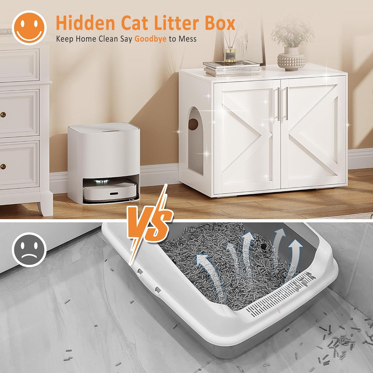 Cat Litter Box Enclosure,Hidden Litter Box Furniture with Double Room,Wooden Litter Box Enclosure Furniture,Indoor Cat House Cat Washroom Furniture