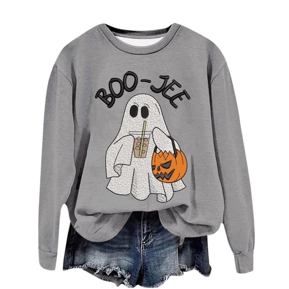 WEIWEN Boo Jee Halloween Sweatshirt for Women Cute Ghost Pumpkin Graphic Fall Outfits for Women Dressy Casual Long Sleeve Pullover Going Out Tops Womens Sweaters S