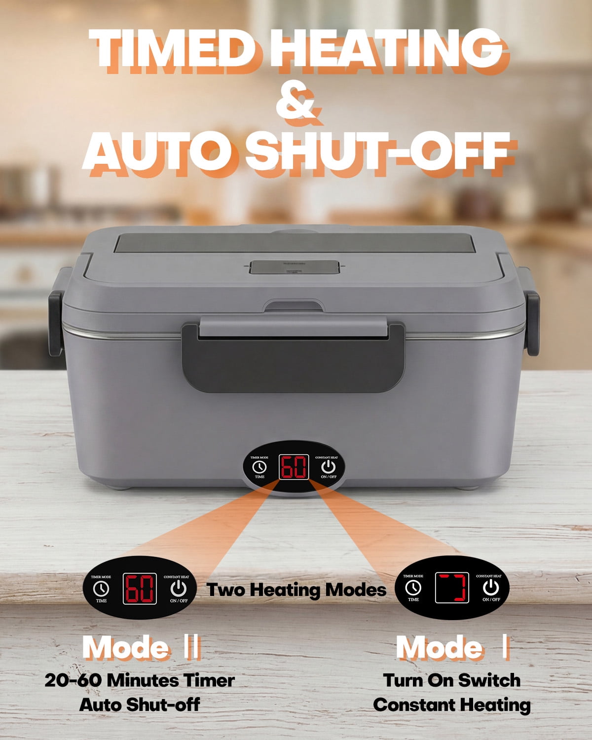 Sitlais 1.8L Electric Lunch Box with Timer, Portable Food Heater with Stainless Steel Container, Leakproof Heated Lunch Box for Work, Office & Travel