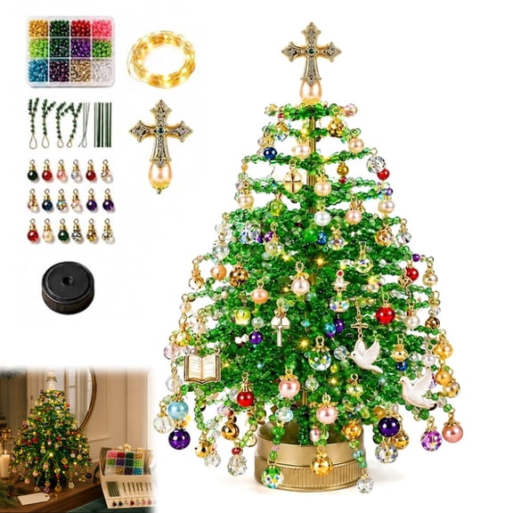 DIY Beaded Christmas Tree Kit with String Lights, Christmas Craft Kit for Adults, Handmade Bead Ornament Making Kit, Tabletop Holiday Decorations