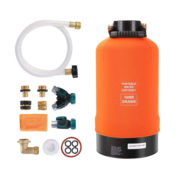 RV Water Softener,16,000 Grain Portable Water Softener,with 3/4"Brass Fittings&42"Hose,Soften Hard Water Filter System for RVs,Trailers,Boats,Mobile Car Washing,Pressure Washing