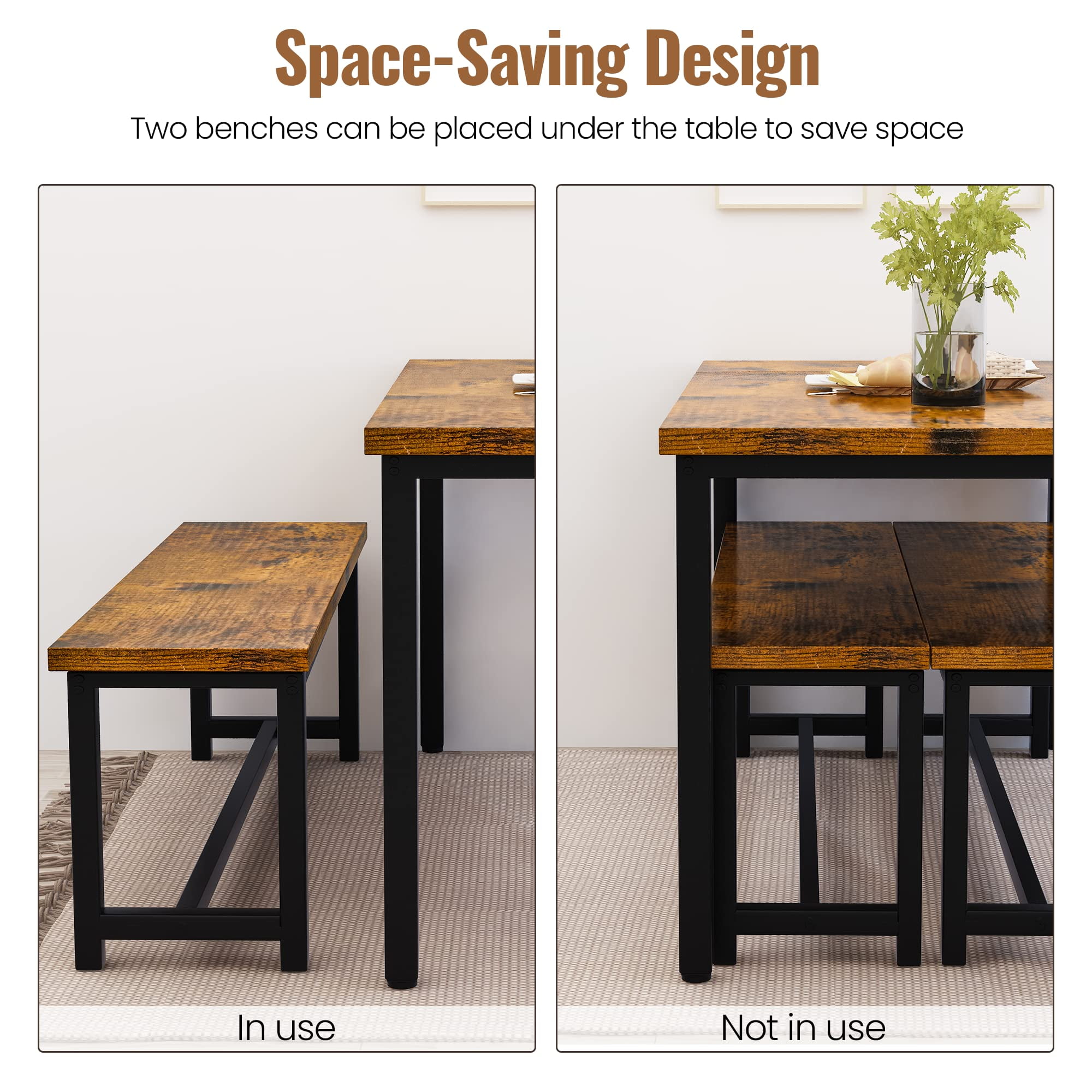 AWQM Dining Table Set with Two Benches, Kitchen Table Set for 4-6 Persons, Kitchen Table of 43.4 x 23.7 x 28.6 Inches, Bench of 38.6 x 11.9 x 17.6 Inches Each, Rustic Brown and Black