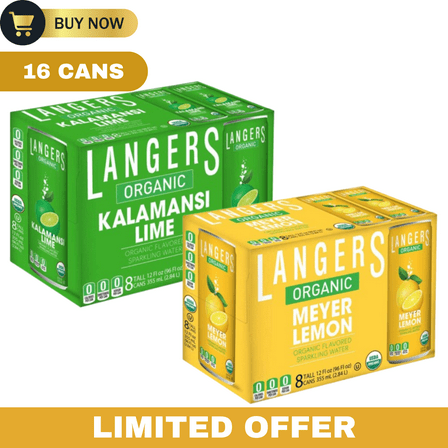 Langers Organic Sparkling Water, Meyer Lemon with Kalamansi Lime Flavor, 12 fl oz Cans, 16 Pack