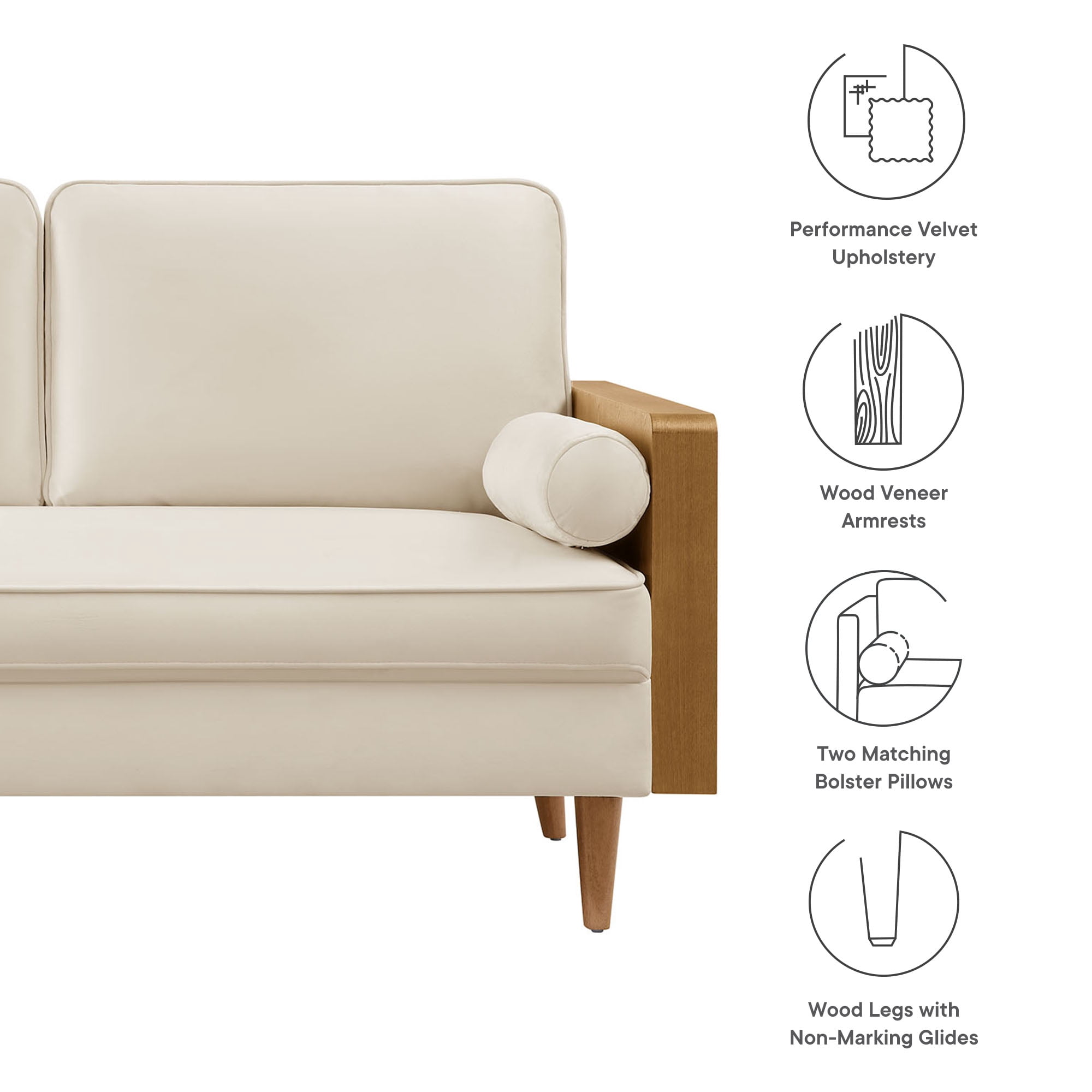 Modway Kellan Performance Velvet Upholstery 2-Seater Loveseat - Walnut/Alabaster
