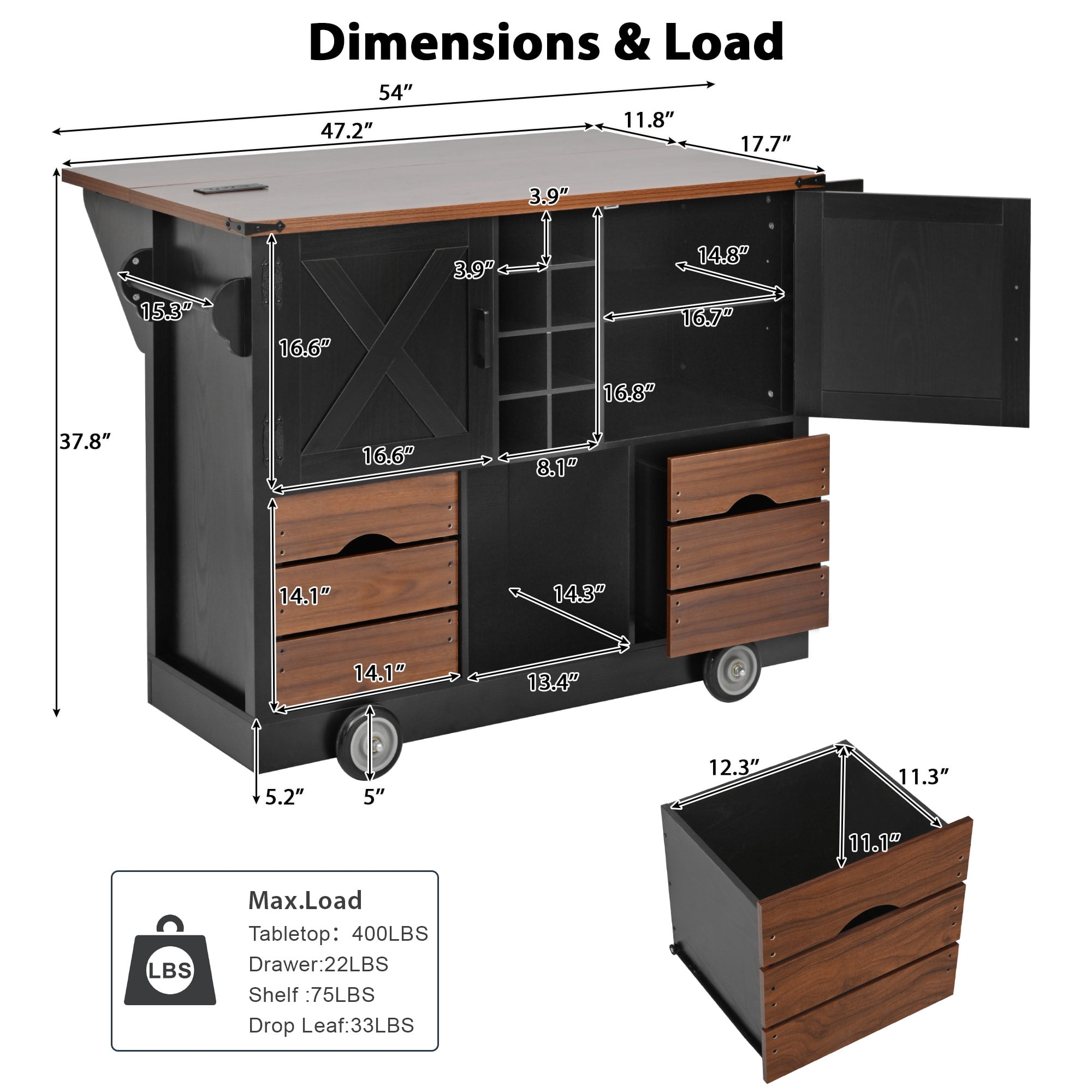 Homy Casa Rolling Kitchen Island with Drop Leaf, Wine Rack, Drawers and Storage Cabinets