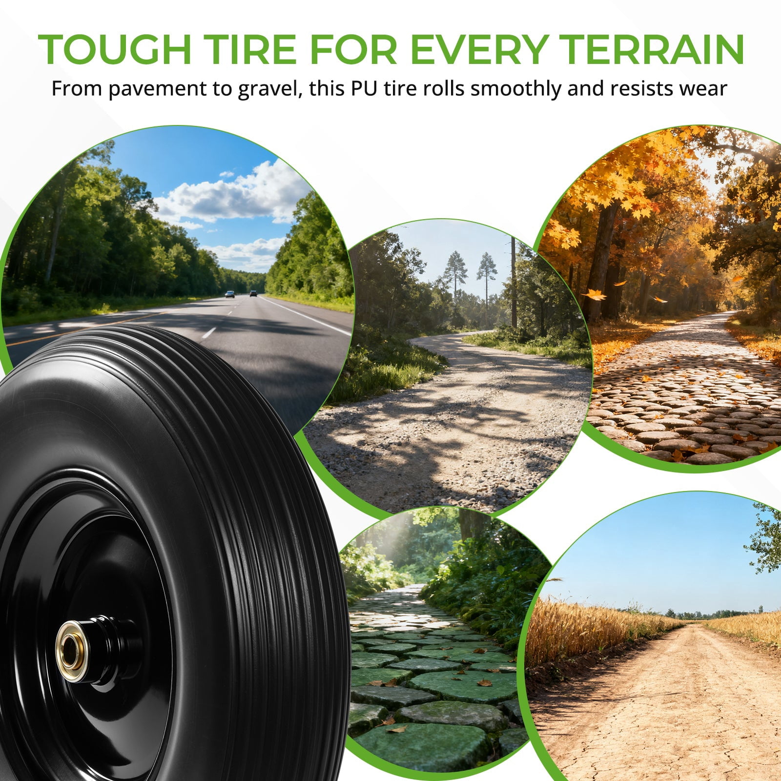 Backyard Expressions 16-Inch Flat-Free PU Tire 2-Pack – Heavy-Duty Solid Poly Wheels with 5/8" & 3/4" Bearings, Spacer Kit & Steel Hubs for Wheelbarrows, Garden Carts, Hand Trucks & Utility Equipment