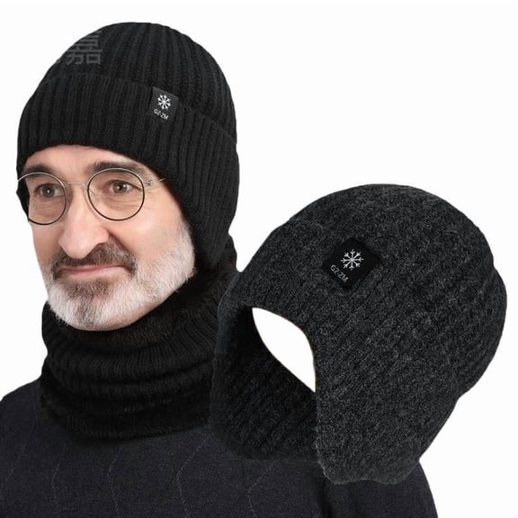 Unisex Fleece-Lined Winter Beanie with Earflaps, Elastic Knitted Hat Neck Warmer Two-Piece Set for Cold Weather